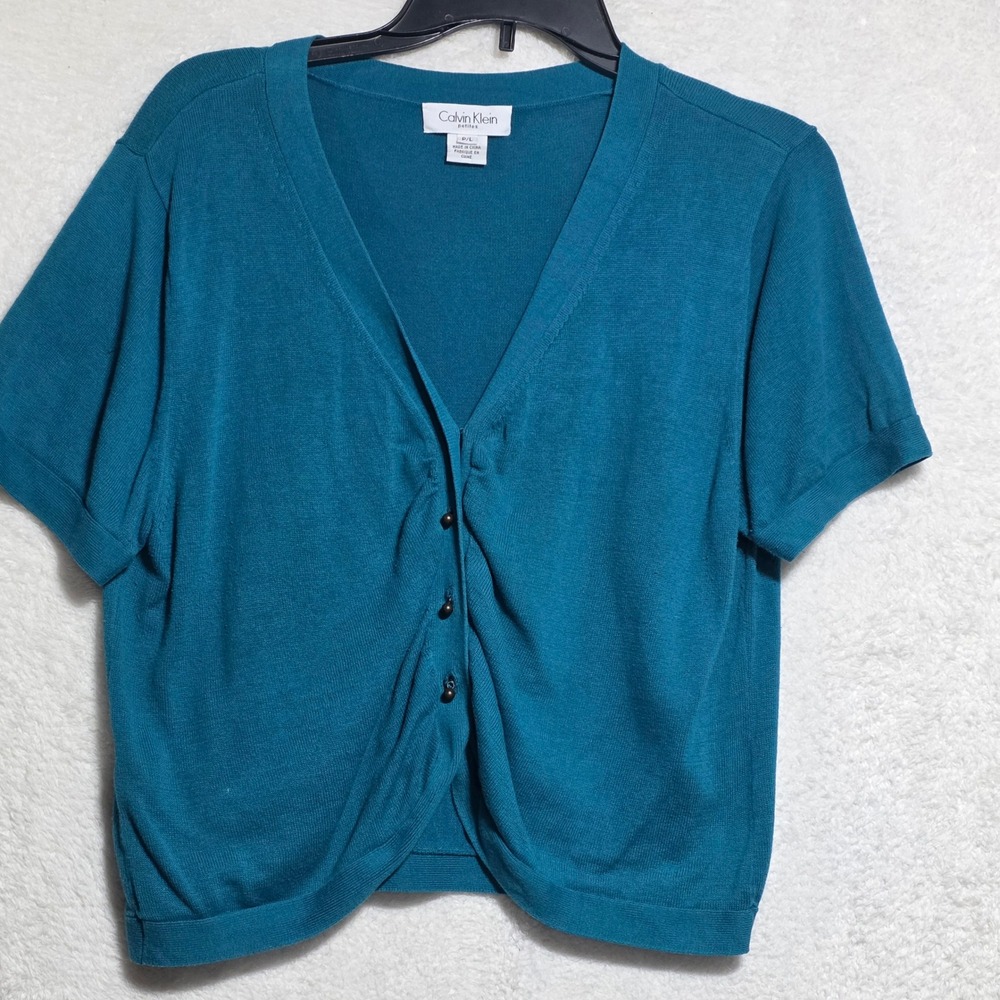 Calvin Klein Petites Teal Blue Short Sleeve Ruched Button Front Cardigan P/L
